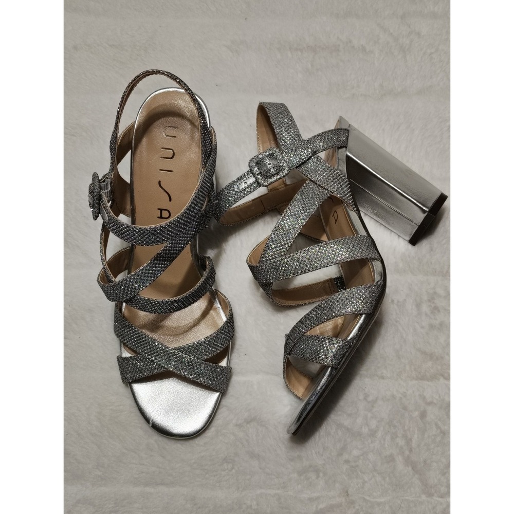 Unisa silver sparkle strappy block heel sandals Sz 8 Shoes